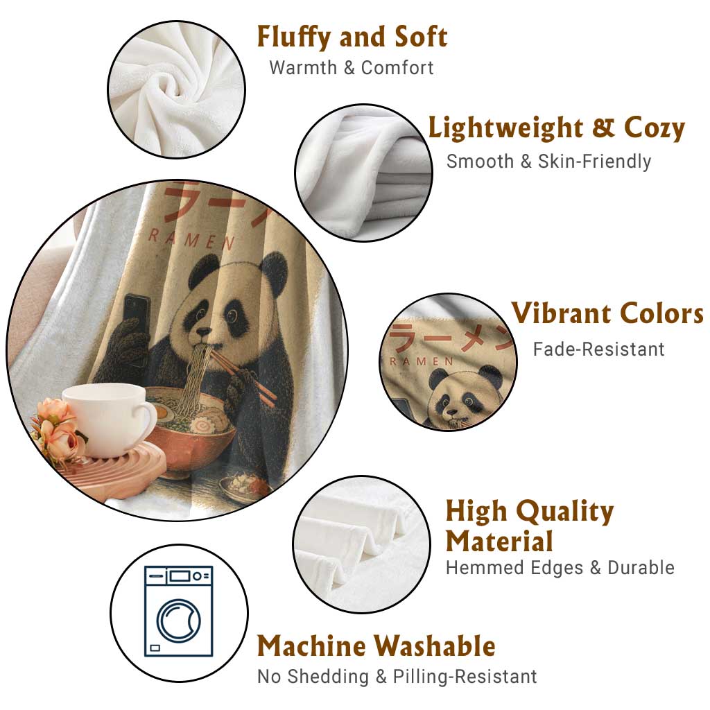 Funny Panda Eating Ramen Scrolling Phone Throw Blanket Japanese Art Aesthetic