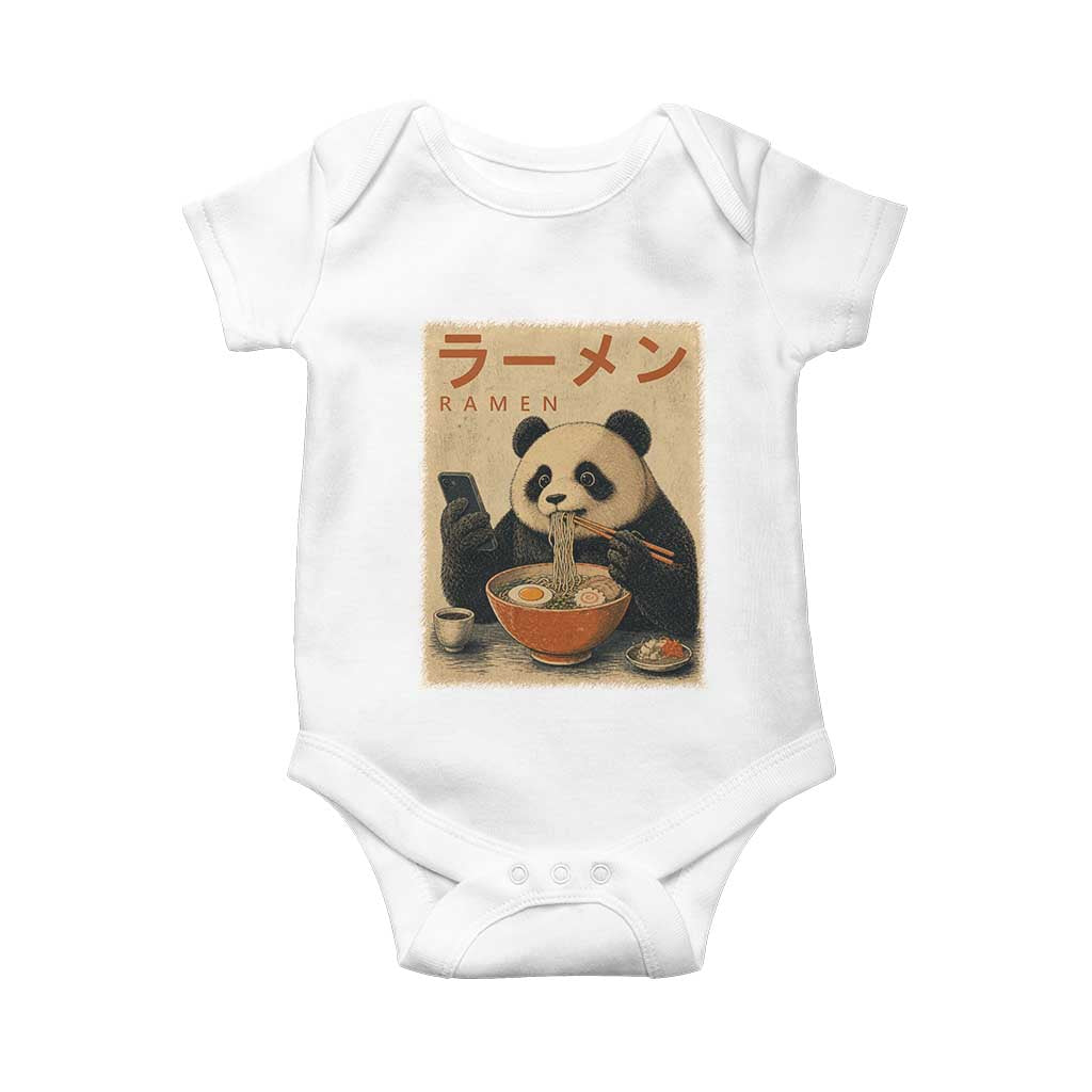 Funny Panda Eating Ramen Scrolling Phone Baby Onesie Japanese Art Aesthetic