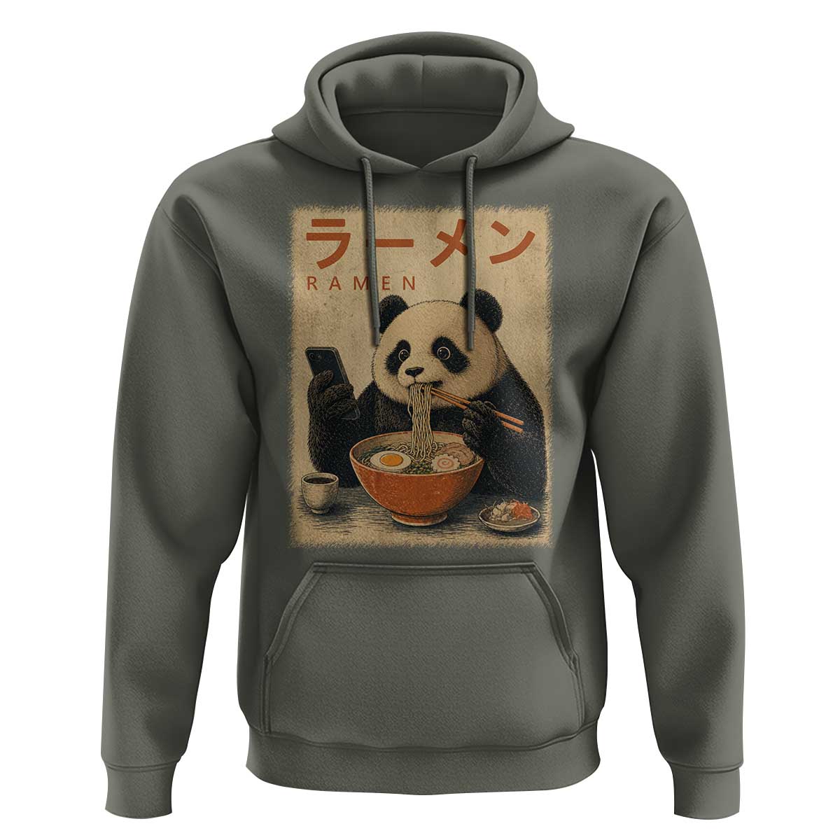 Funny Panda Eating Ramen Scrolling Phone Hoodie Japanese Art Aesthetic