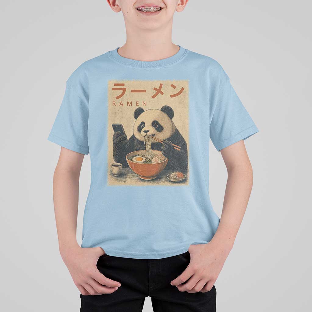 Funny Panda Eating Ramen Scrolling Phone T Shirt For Kid Japanese Art Aesthetic