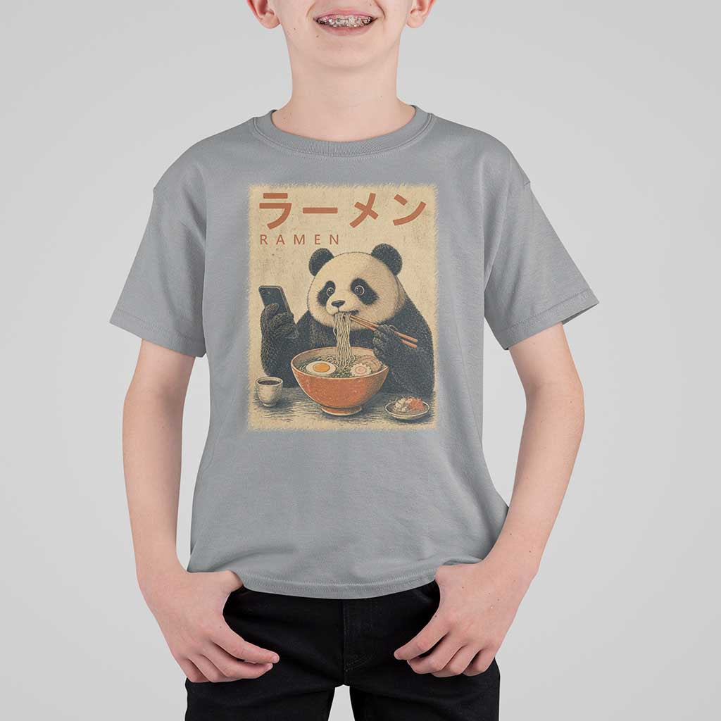 Funny Panda Eating Ramen Scrolling Phone T Shirt For Kid Japanese Art Aesthetic