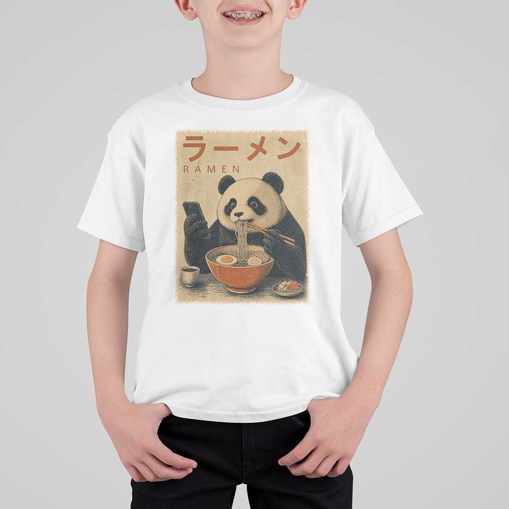 Funny Panda Eating Ramen Scrolling Phone T Shirt For Kid Japanese Art Aesthetic