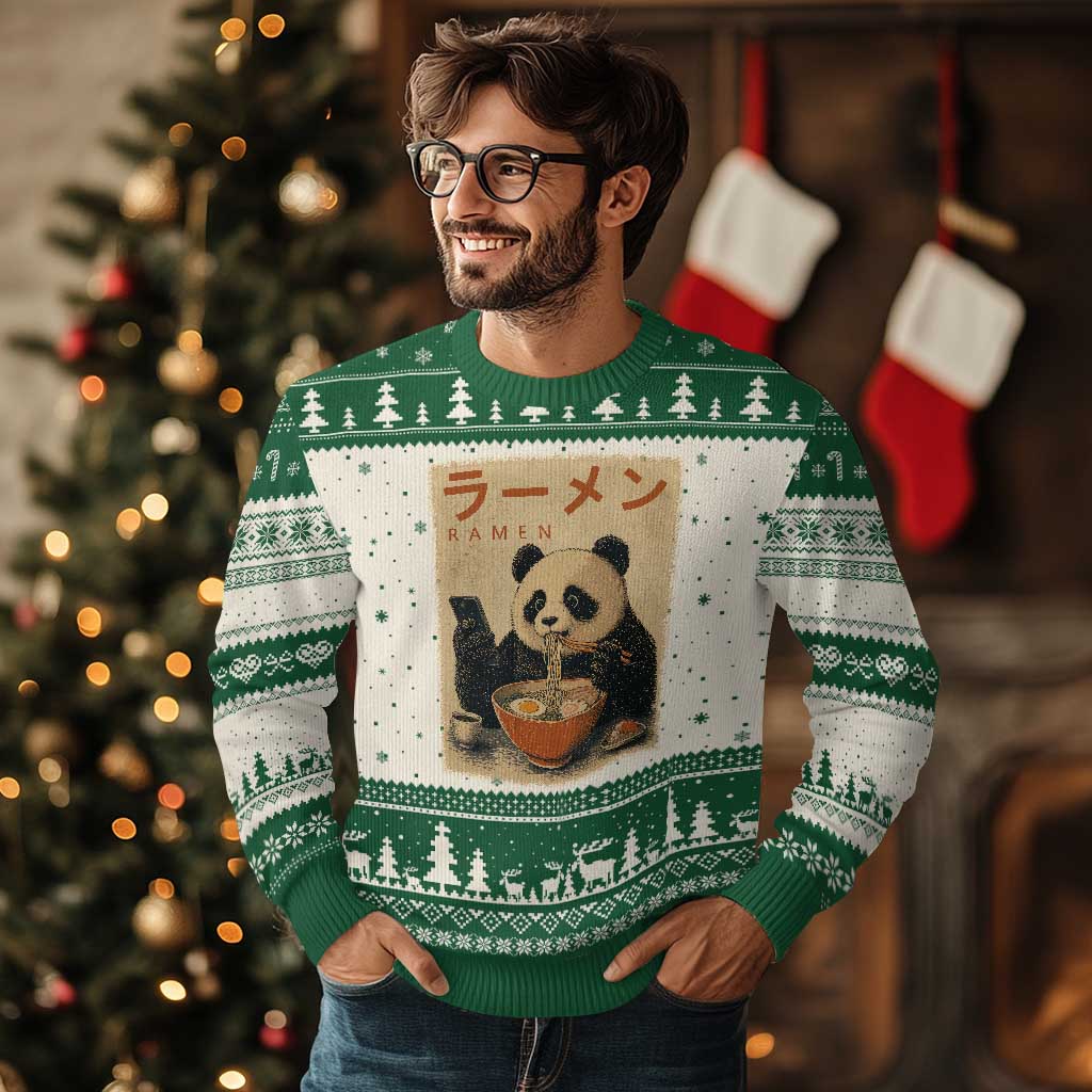 Funny Panda Eating Ramen Scrolling Phone Ugly Christmas Sweater Japanese Art Aesthetic