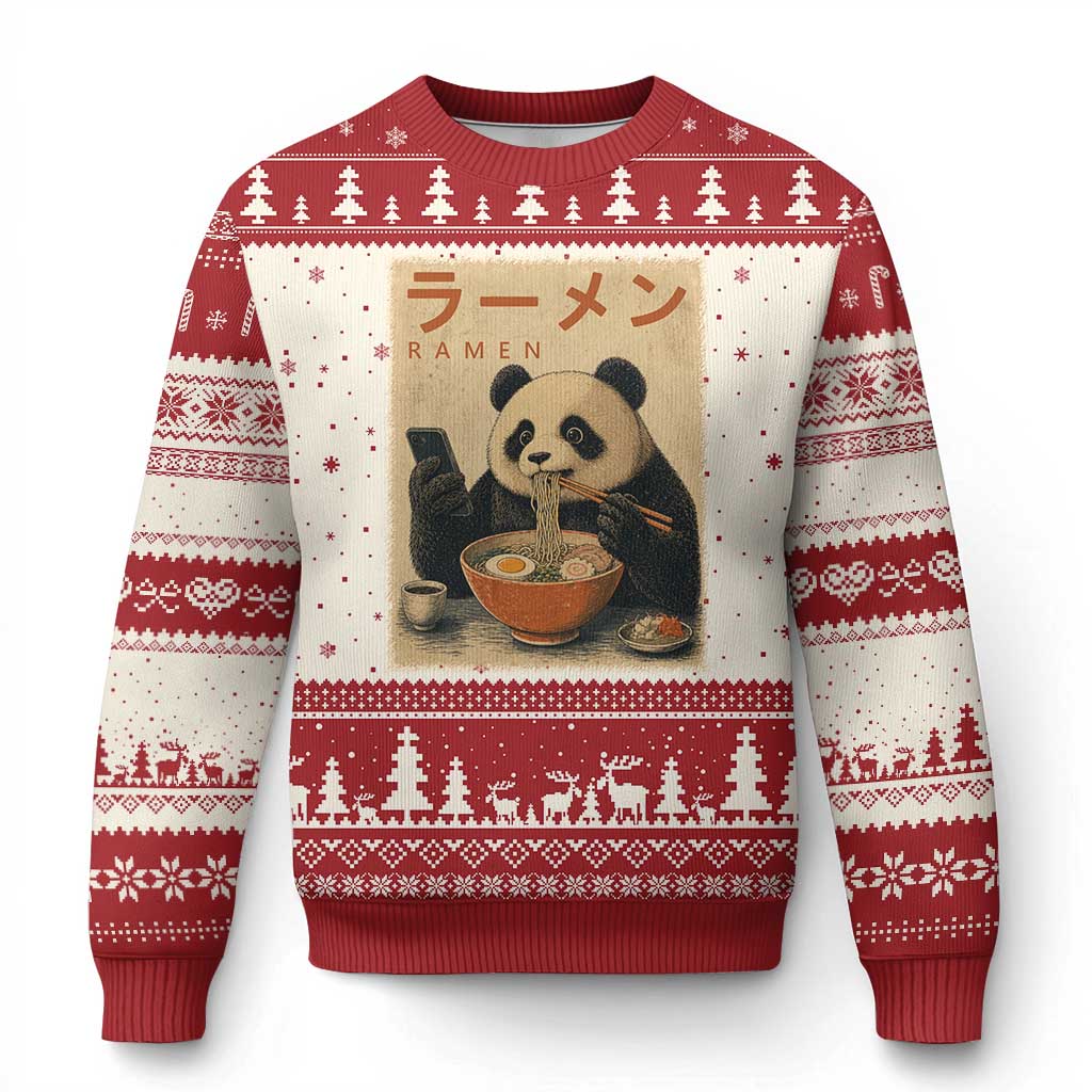 Funny Panda Eating Ramen Scrolling Phone Ugly Christmas Sweater Japanese Art Aesthetic