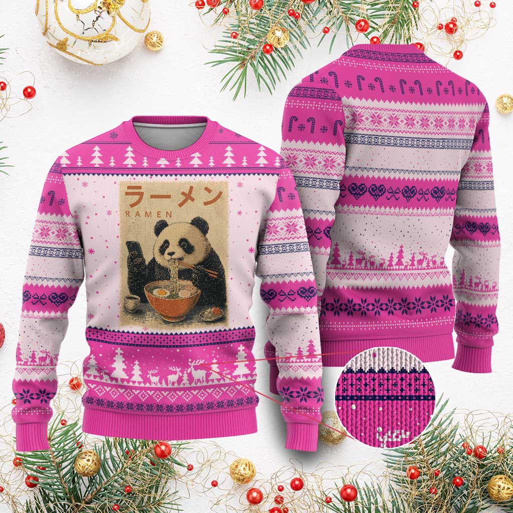 Funny Panda Eating Ramen Scrolling Phone Ugly Christmas Sweater Japanese Art Aesthetic
