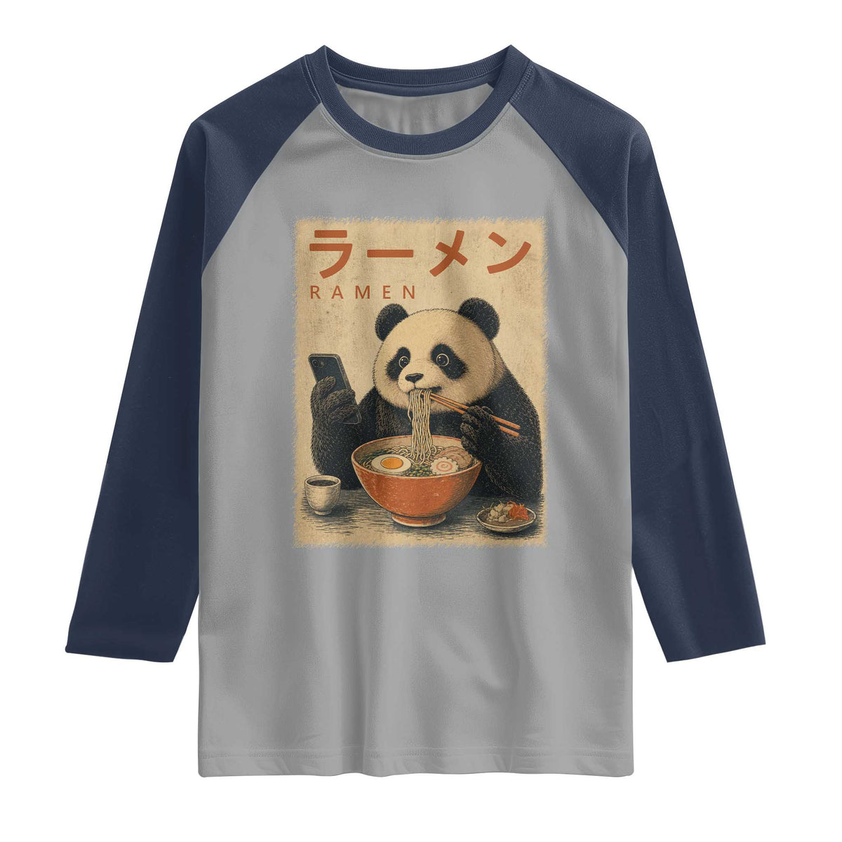 Funny Panda Eating Ramen Scrolling Phone Raglan Shirt Japanese Art Aesthetic
