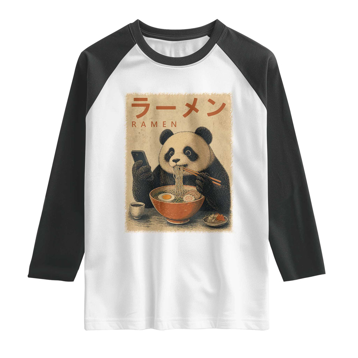 Funny Panda Eating Ramen Scrolling Phone Raglan Shirt Japanese Art Aesthetic