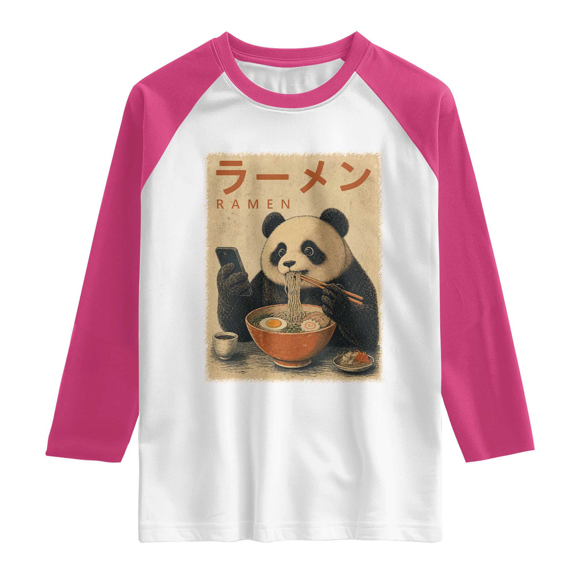 Funny Panda Eating Ramen Scrolling Phone Raglan Shirt Japanese Art Aesthetic