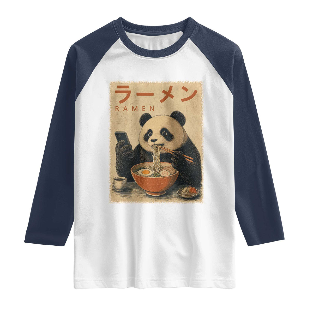Funny Panda Eating Ramen Scrolling Phone Raglan Shirt Japanese Art Aesthetic