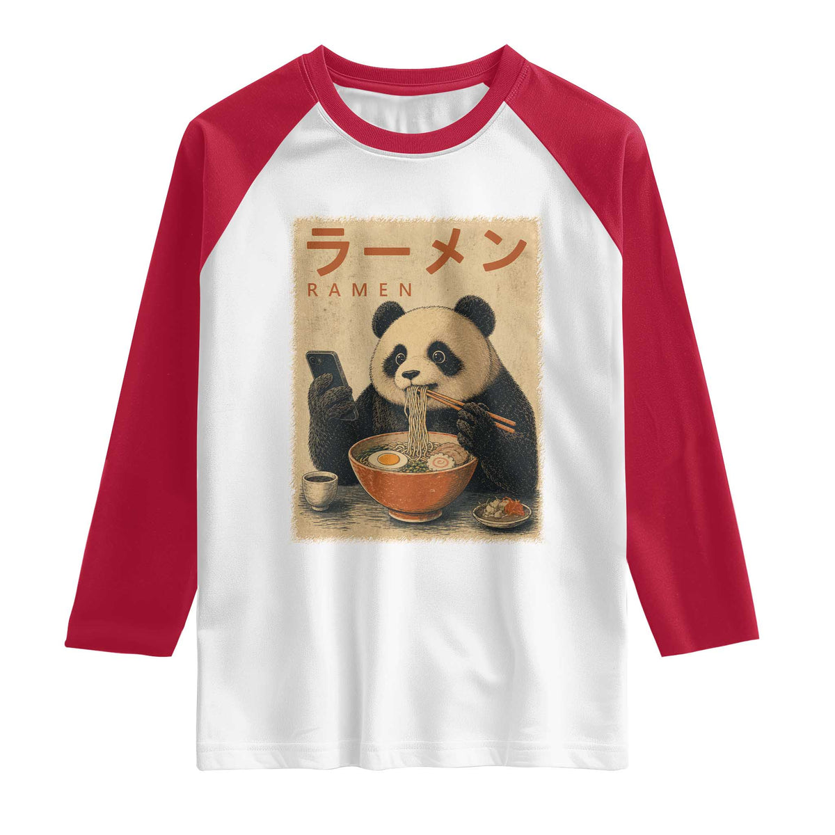 Funny Panda Eating Ramen Scrolling Phone Raglan Shirt Japanese Art Aesthetic