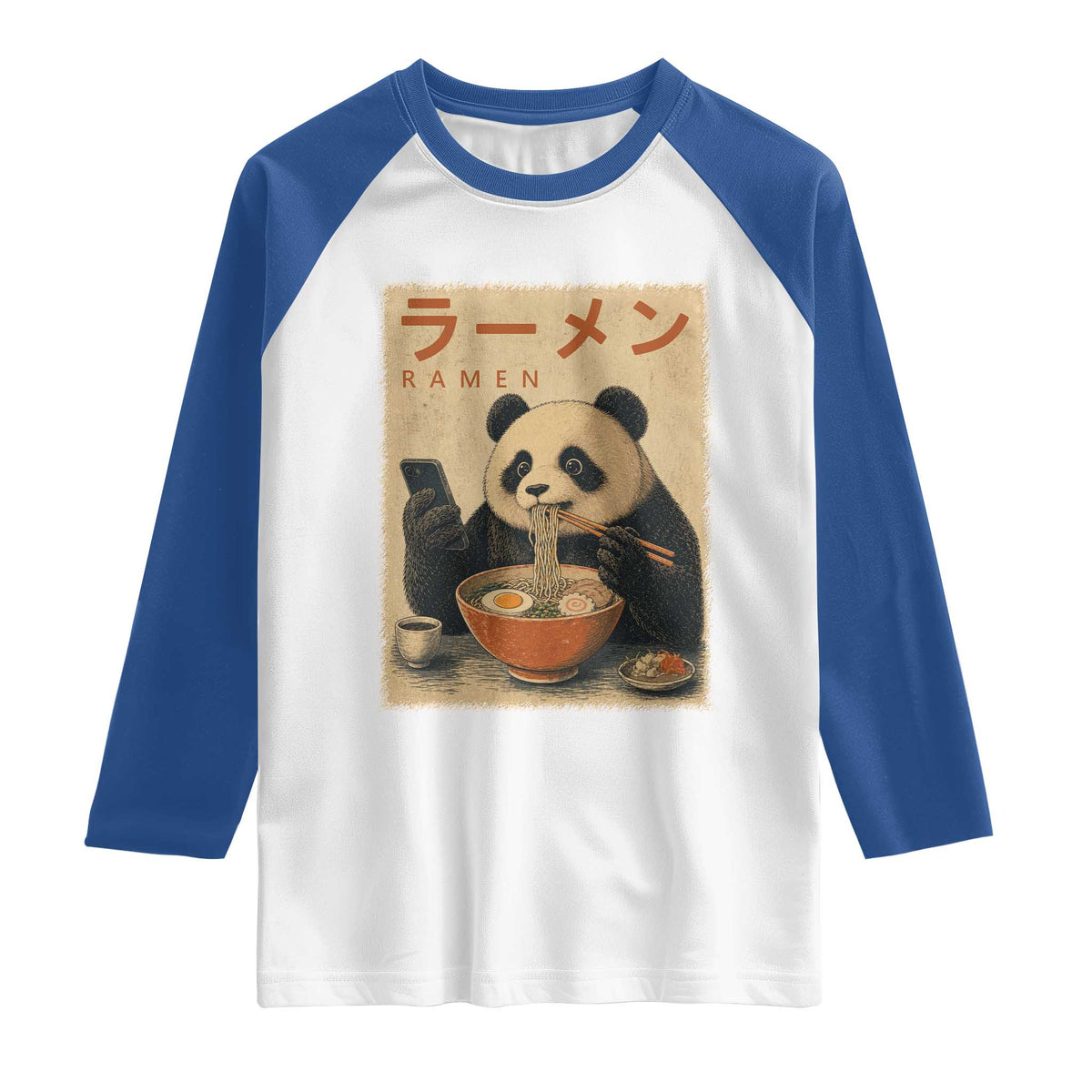 Funny Panda Eating Ramen Scrolling Phone Raglan Shirt Japanese Art Aesthetic
