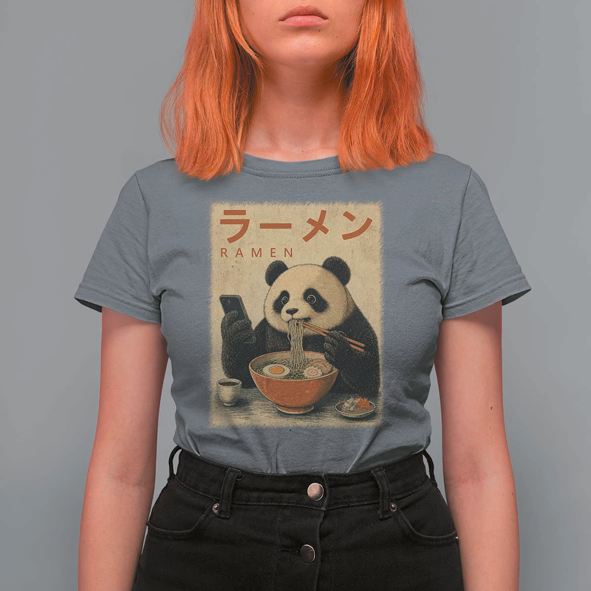 Funny Panda Eating Ramen Scrolling Phone T Shirt For Women Japanese Art Aesthetic