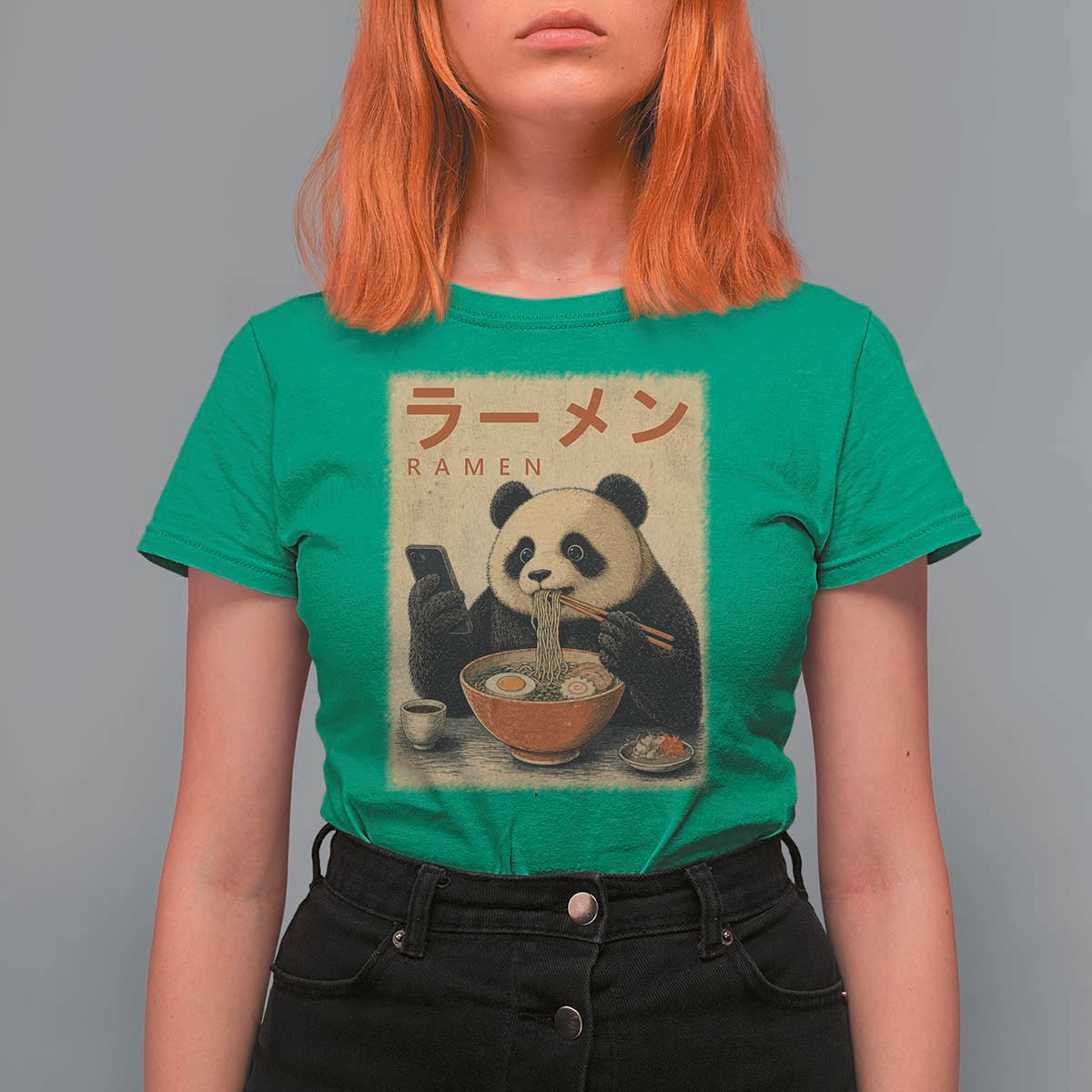 Funny Panda Eating Ramen Scrolling Phone T Shirt For Women Japanese Art Aesthetic