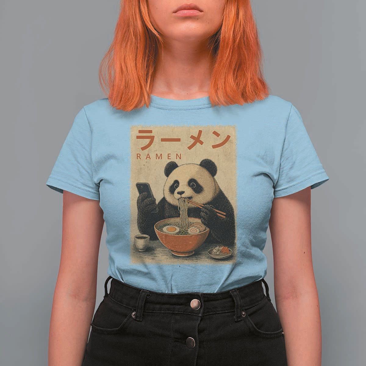 Funny Panda Eating Ramen Scrolling Phone T Shirt For Women Japanese Art Aesthetic