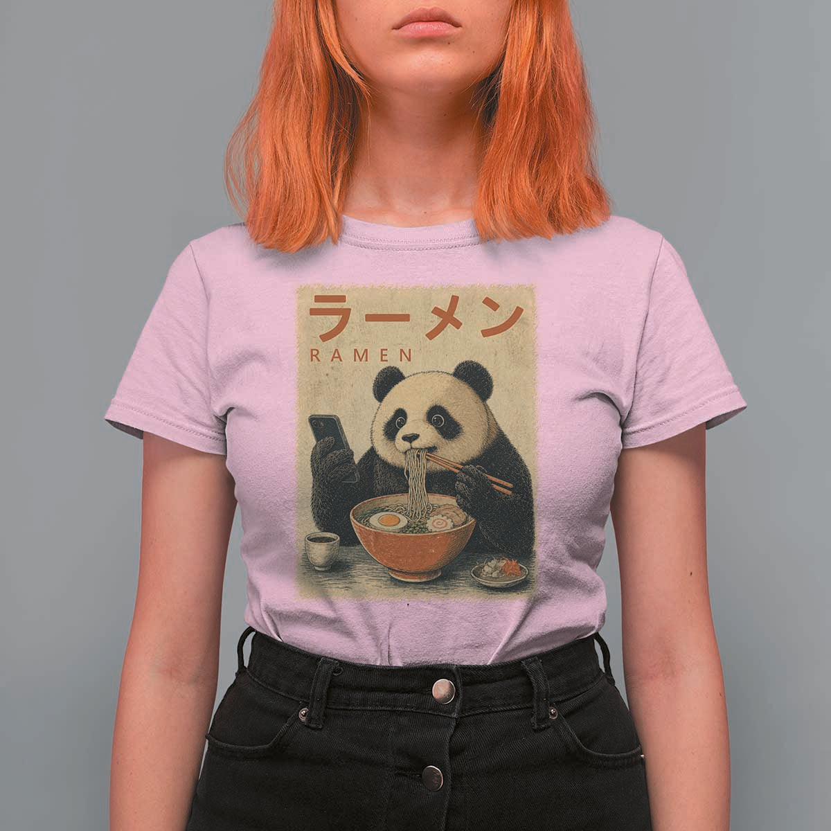 Funny Panda Eating Ramen Scrolling Phone T Shirt For Women Japanese Art Aesthetic