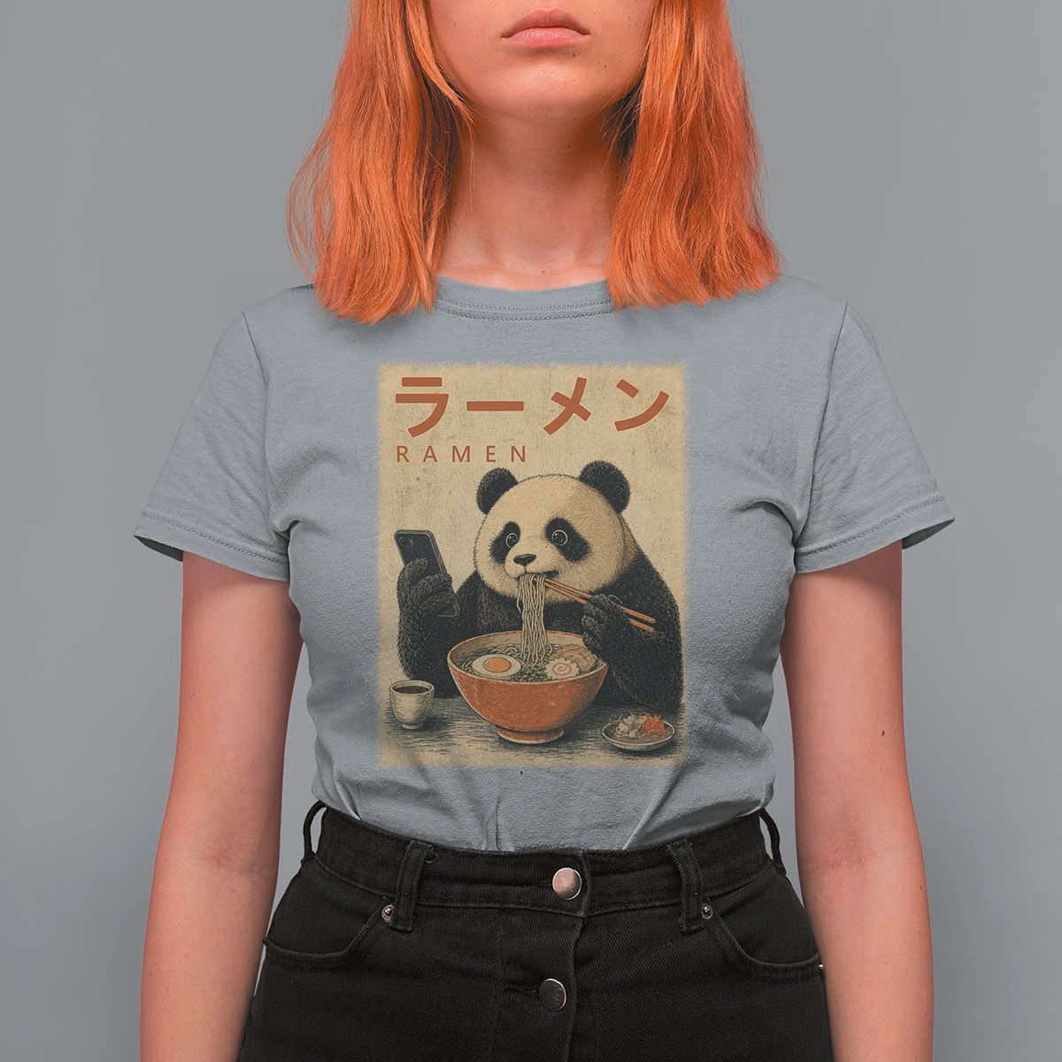 Funny Panda Eating Ramen Scrolling Phone T Shirt For Women Japanese Art Aesthetic
