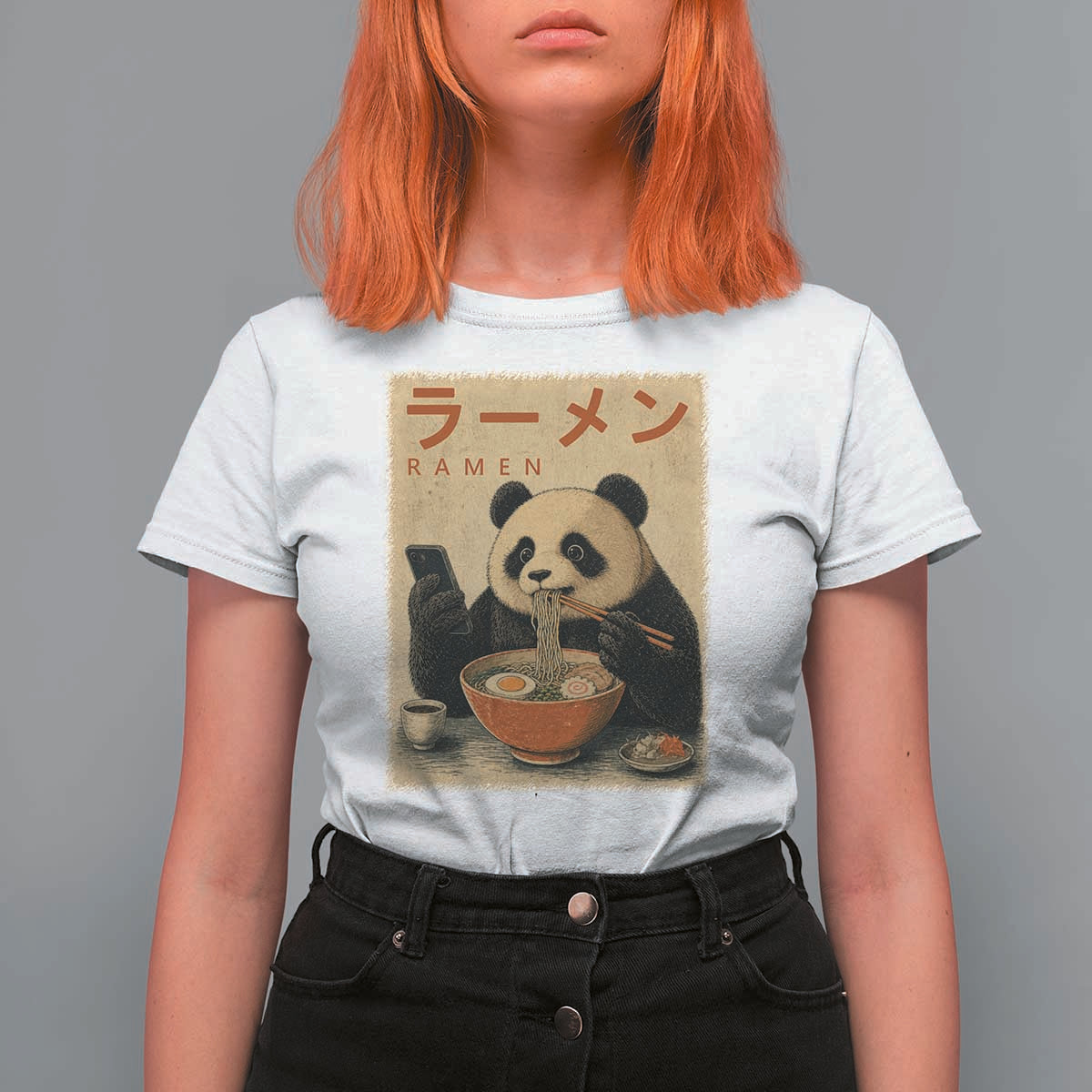 Funny Panda Eating Ramen Scrolling Phone T Shirt For Women Japanese Art Aesthetic