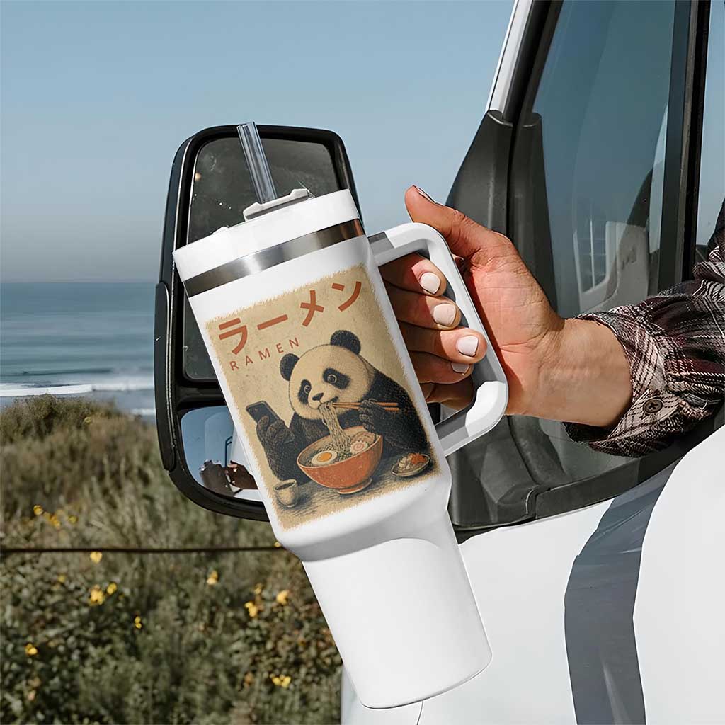 Funny Panda Eating Ramen Scrolling Phone Tumbler With Handle Japanese Art Aesthetic