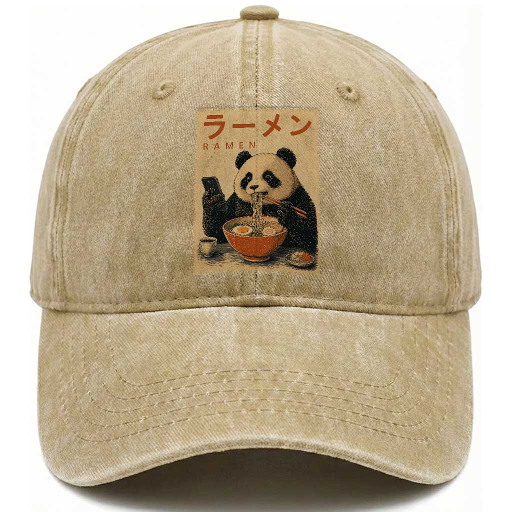 Funny Panda Eating Ramen Scrolling Phone Washed Cotton Baseball Cap Japanese Art Aesthetic