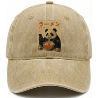 Funny Panda Eating Ramen Scrolling Phone Washed Cotton Baseball Cap Japanese Art Aesthetic