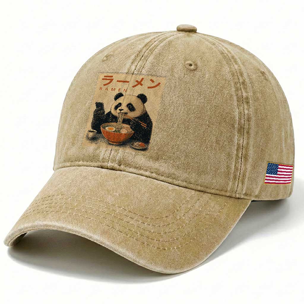 Funny Panda Eating Ramen Scrolling Phone Washed Cotton Baseball Cap Japanese Art Aesthetic
