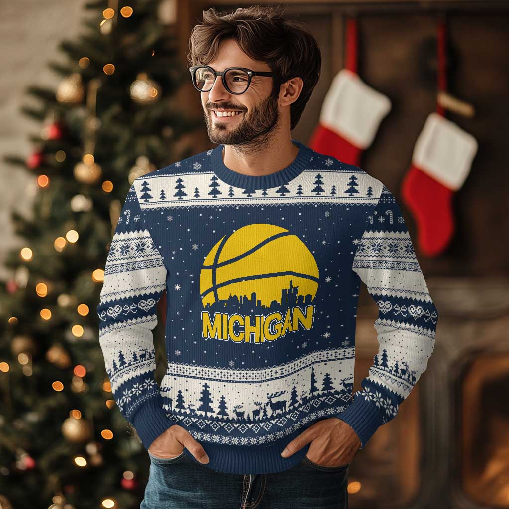 Vintage Michigan Skyline Ugly Christmas Sweater Basketball Lover Gift