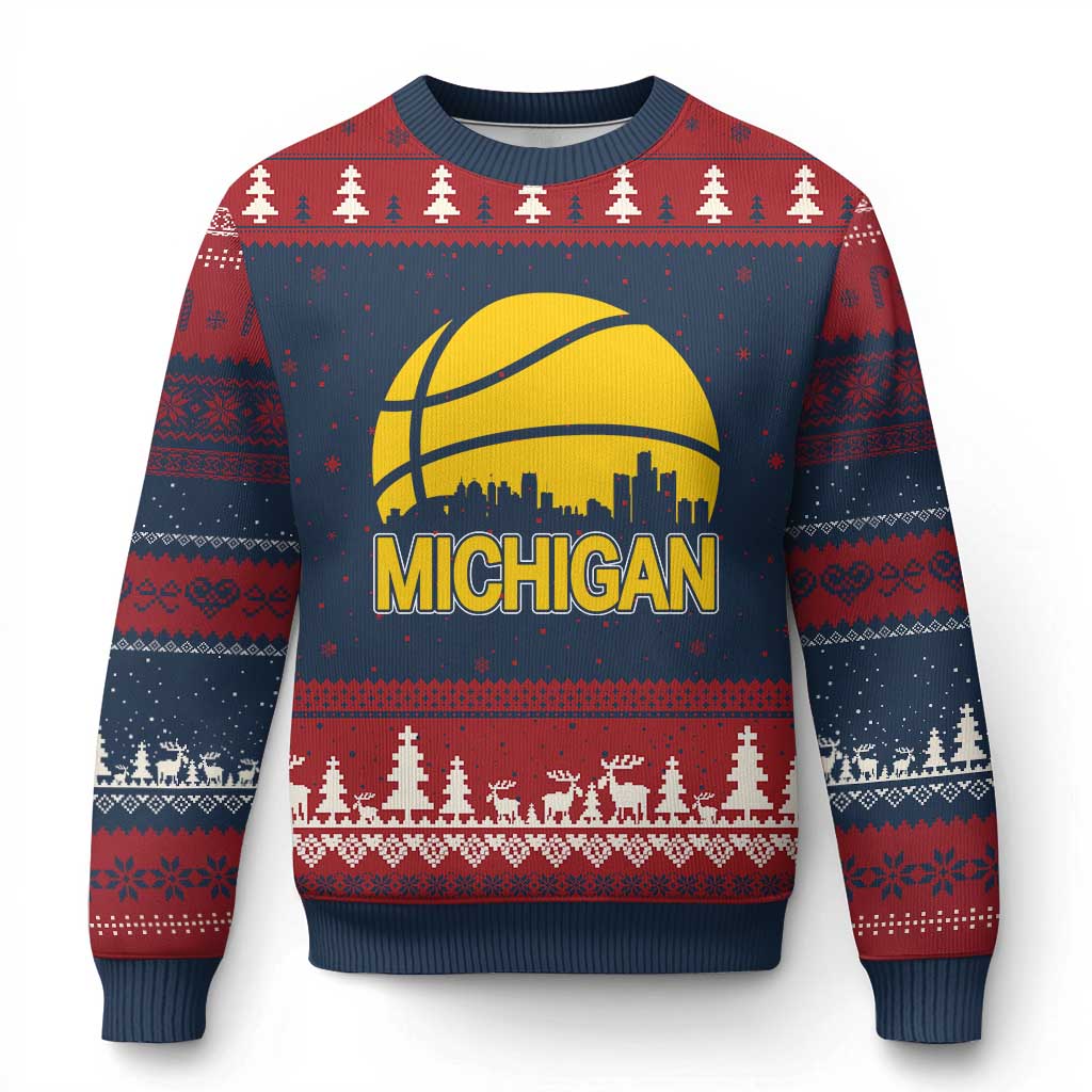 Vintage Michigan Skyline Ugly Christmas Sweater Basketball Lover Gift