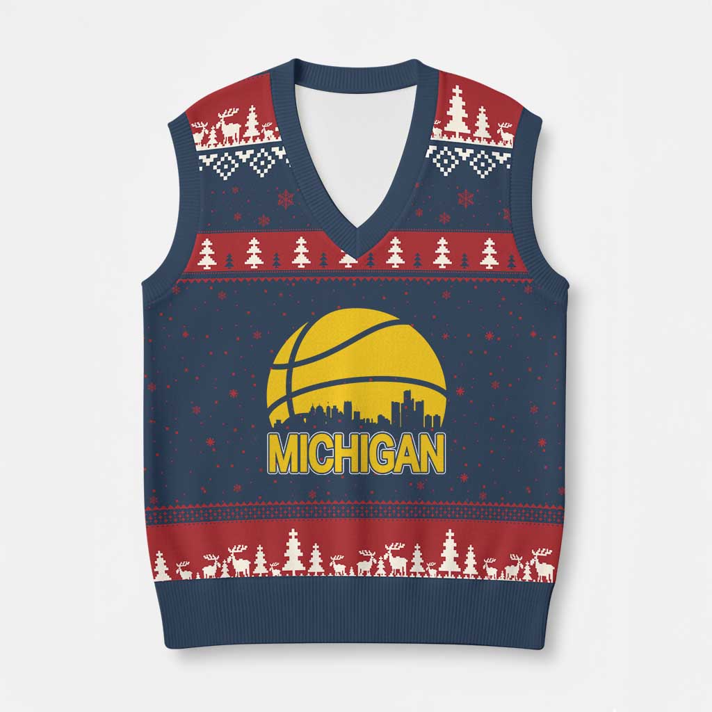 Vintage Michigan Skyline V-Neck Knit Sweater Vest Basketball Lover Gift