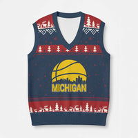 Vintage Michigan Skyline V-Neck Knit Sweater Vest Basketball Lover Gift