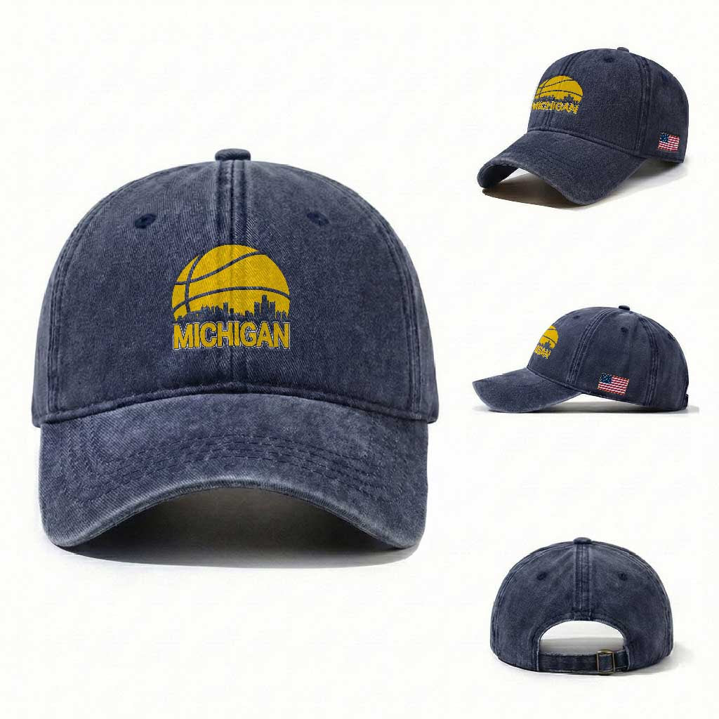 Vintage Michigan Skyline Washed Cotton Baseball Cap Basketball Lover Gift