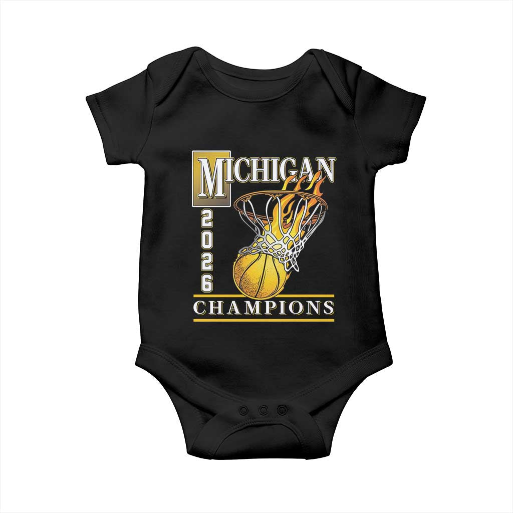 Michigan 2026 Flaming Hoop Basketball Lover Baby Onesie Champions Victory Graphic Sports Fan