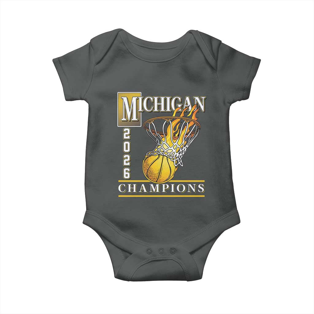 Michigan 2026 Flaming Hoop Basketball Lover Baby Onesie Champions Victory Graphic Sports Fan