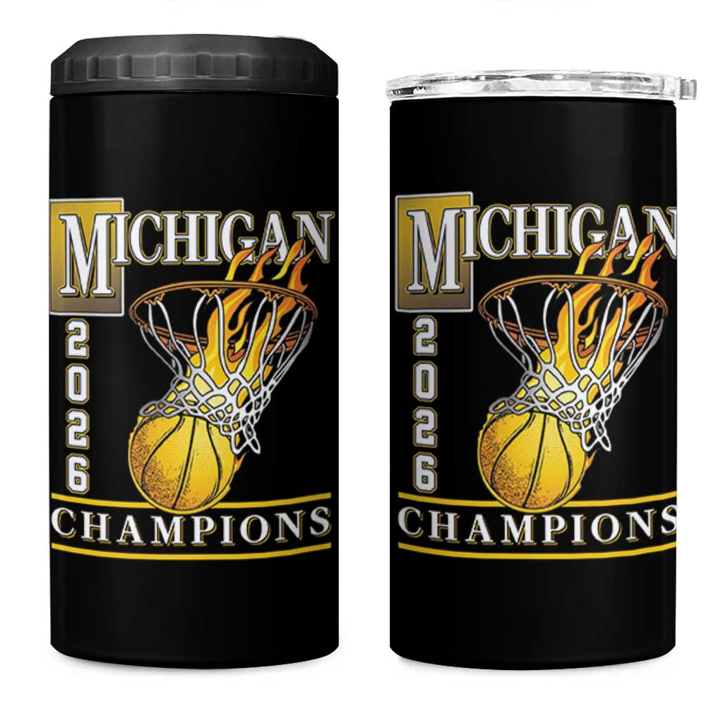 Michigan 2026 Flaming Hoop Basketball Lover 4 in 1 Can Cooler Tumbler Champions Victory Graphic Sports Fan