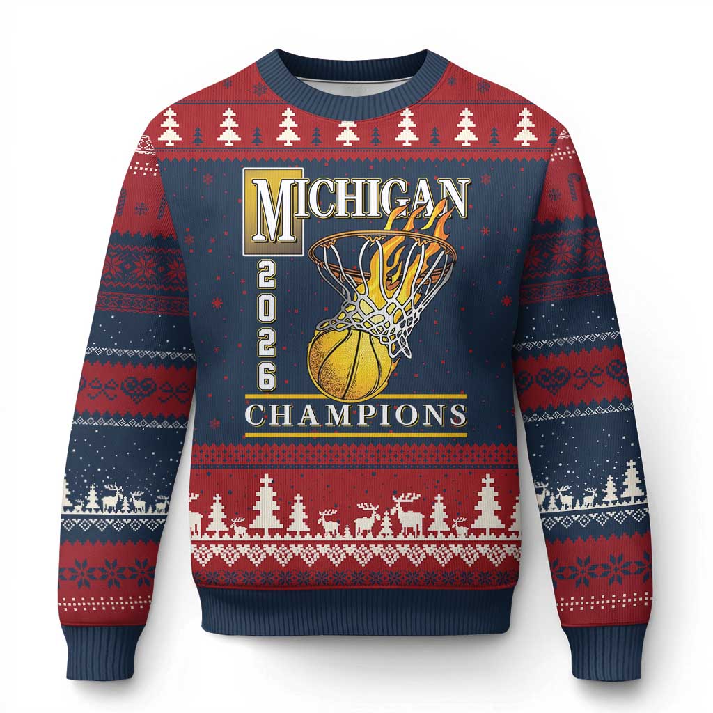 Michigan 2026 Flaming Hoop Basketball Lover Ugly Christmas Sweater Champions Victory Graphic Sports Fan