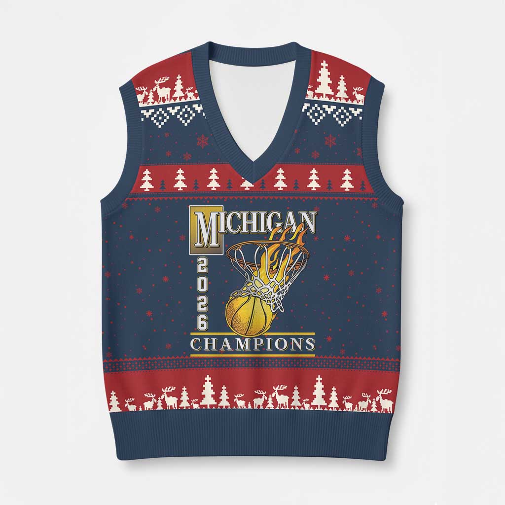 Michigan 2026 Flaming Hoop Basketball Lover V-Neck Knit Sweater Vest Champions Victory Graphic Sports Fan