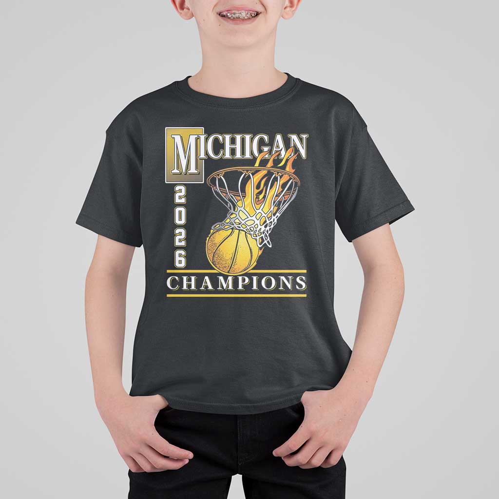 Michigan 2026 Flaming Hoop Basketball Lover T Shirt For Kid Champions Victory Graphic Sports Fan
