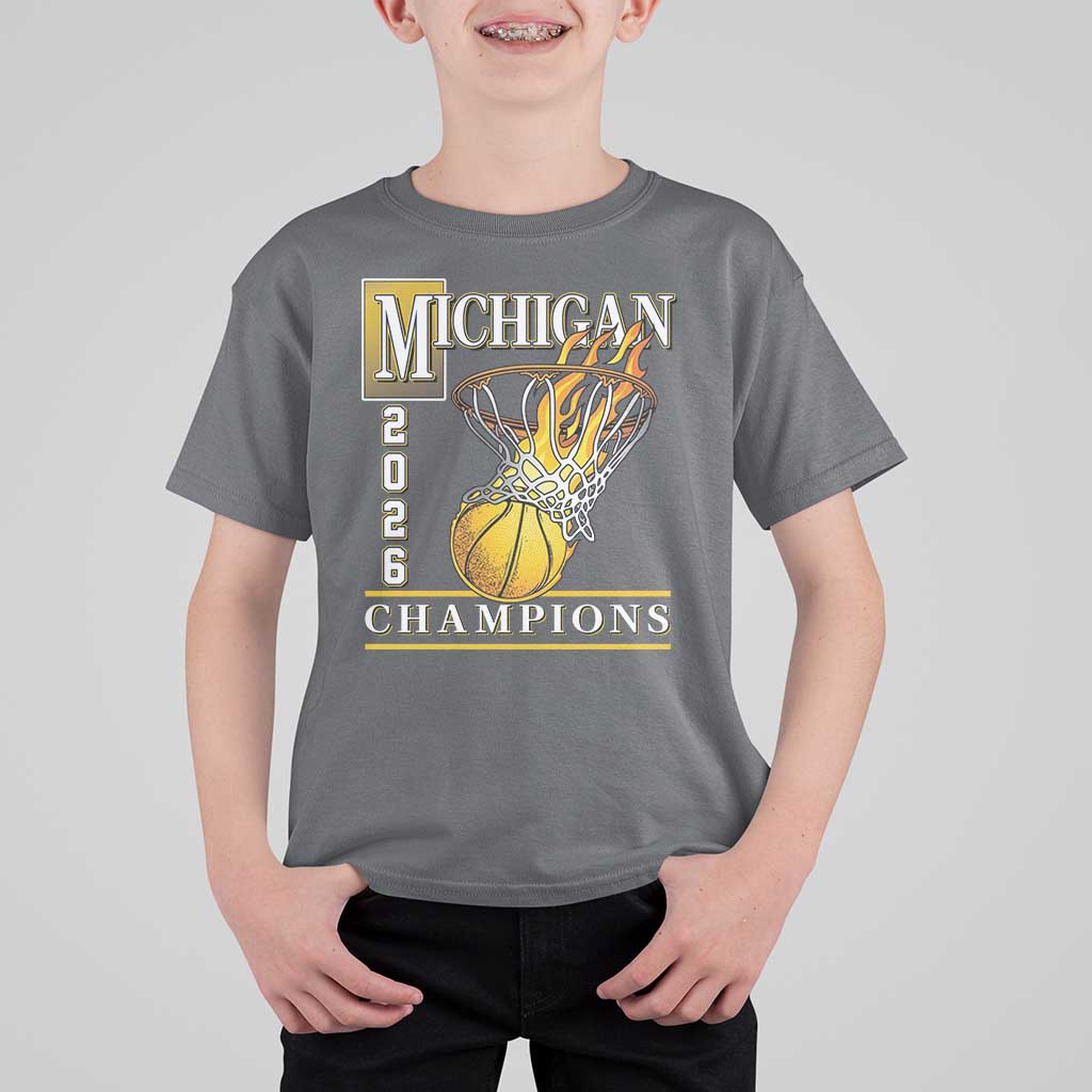 Michigan 2026 Flaming Hoop Basketball Lover T Shirt For Kid Champions Victory Graphic Sports Fan