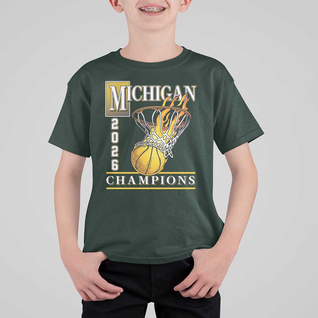 Michigan 2026 Flaming Hoop Basketball Lover T Shirt For Kid Champions Victory Graphic Sports Fan
