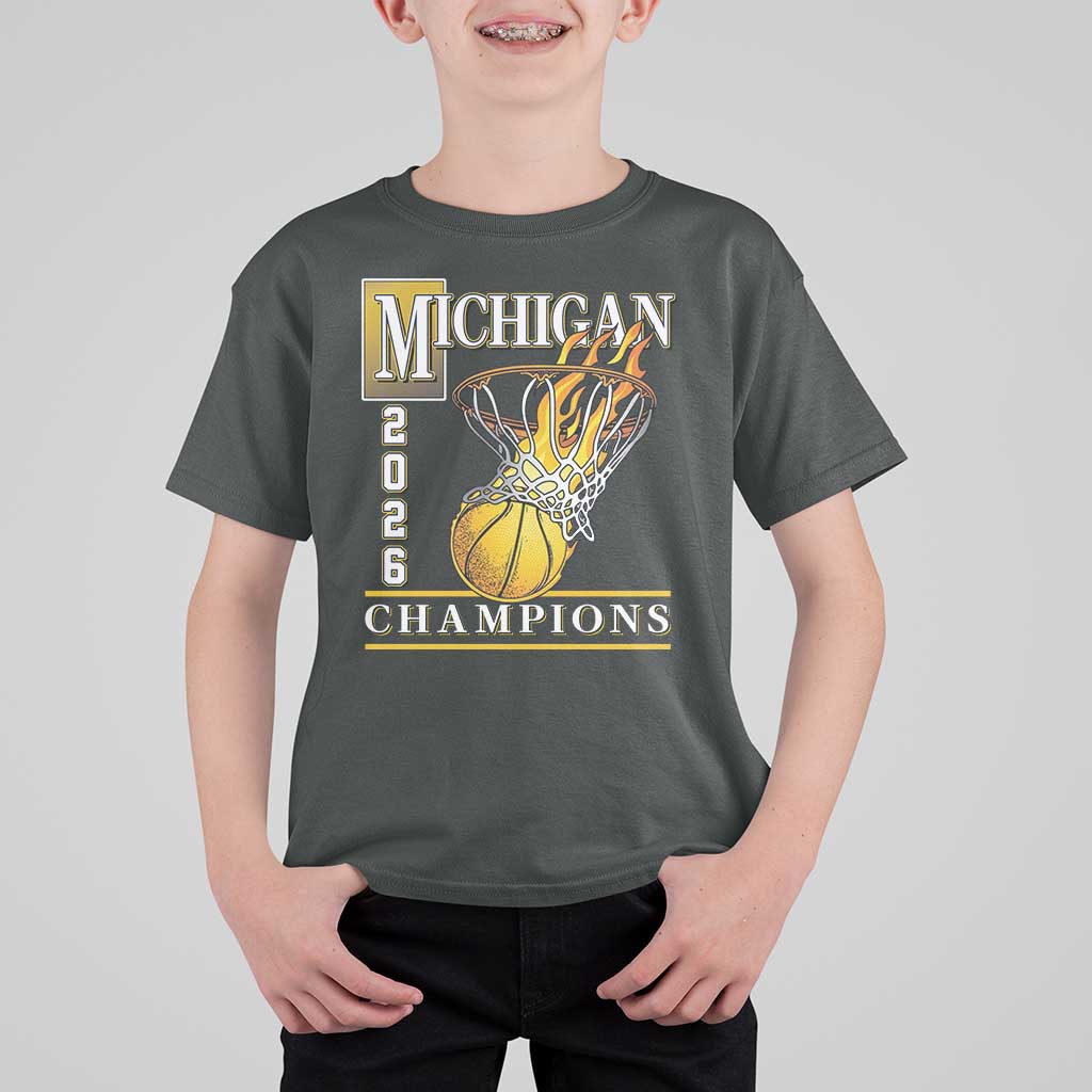 Michigan 2026 Flaming Hoop Basketball Lover T Shirt For Kid Champions Victory Graphic Sports Fan