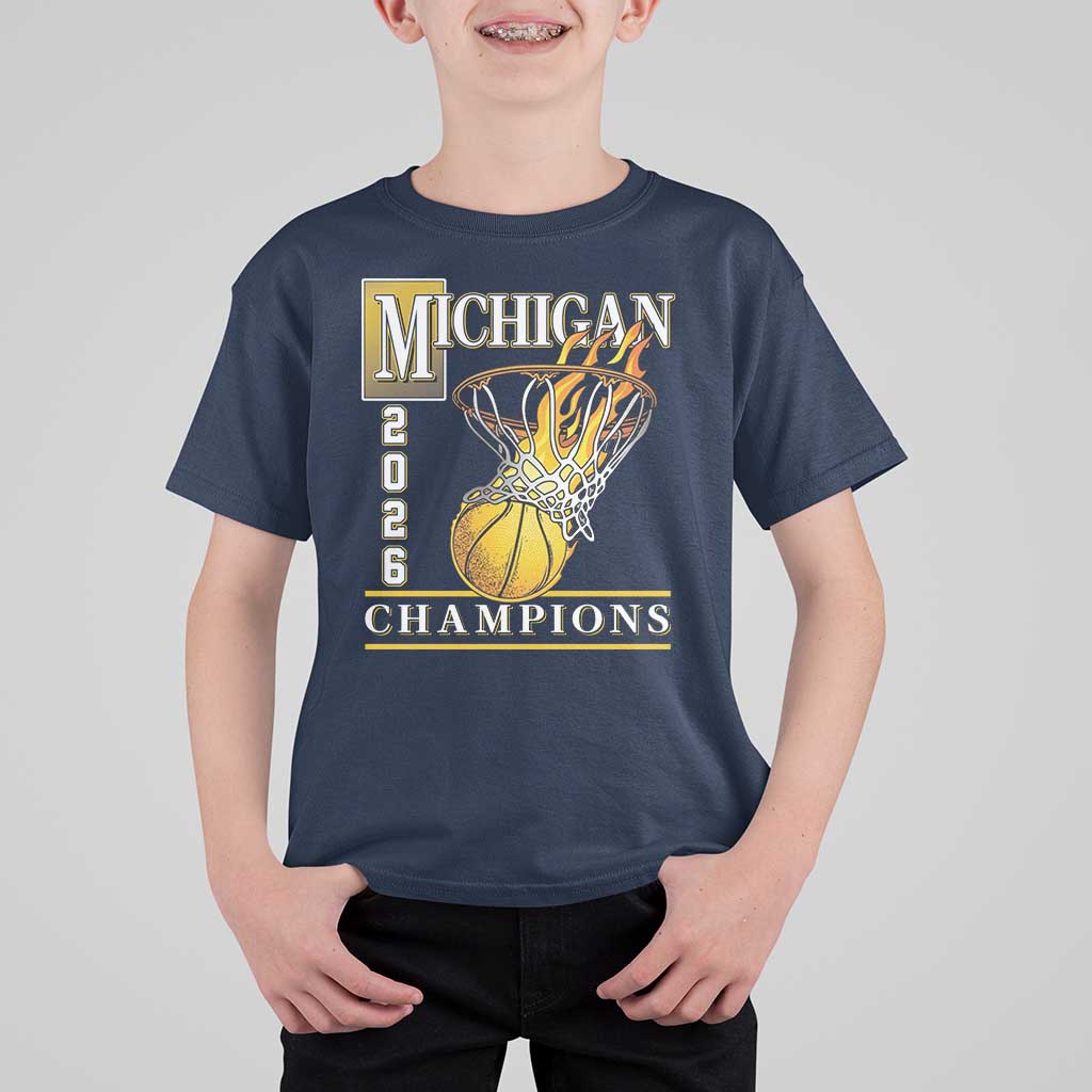 Michigan 2026 Flaming Hoop Basketball Lover T Shirt For Kid Champions Victory Graphic Sports Fan