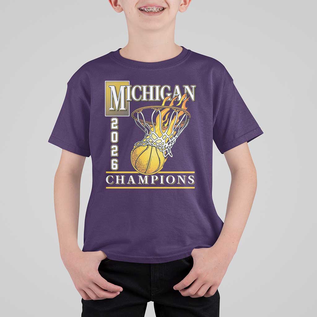 Michigan 2026 Flaming Hoop Basketball Lover T Shirt For Kid Champions Victory Graphic Sports Fan