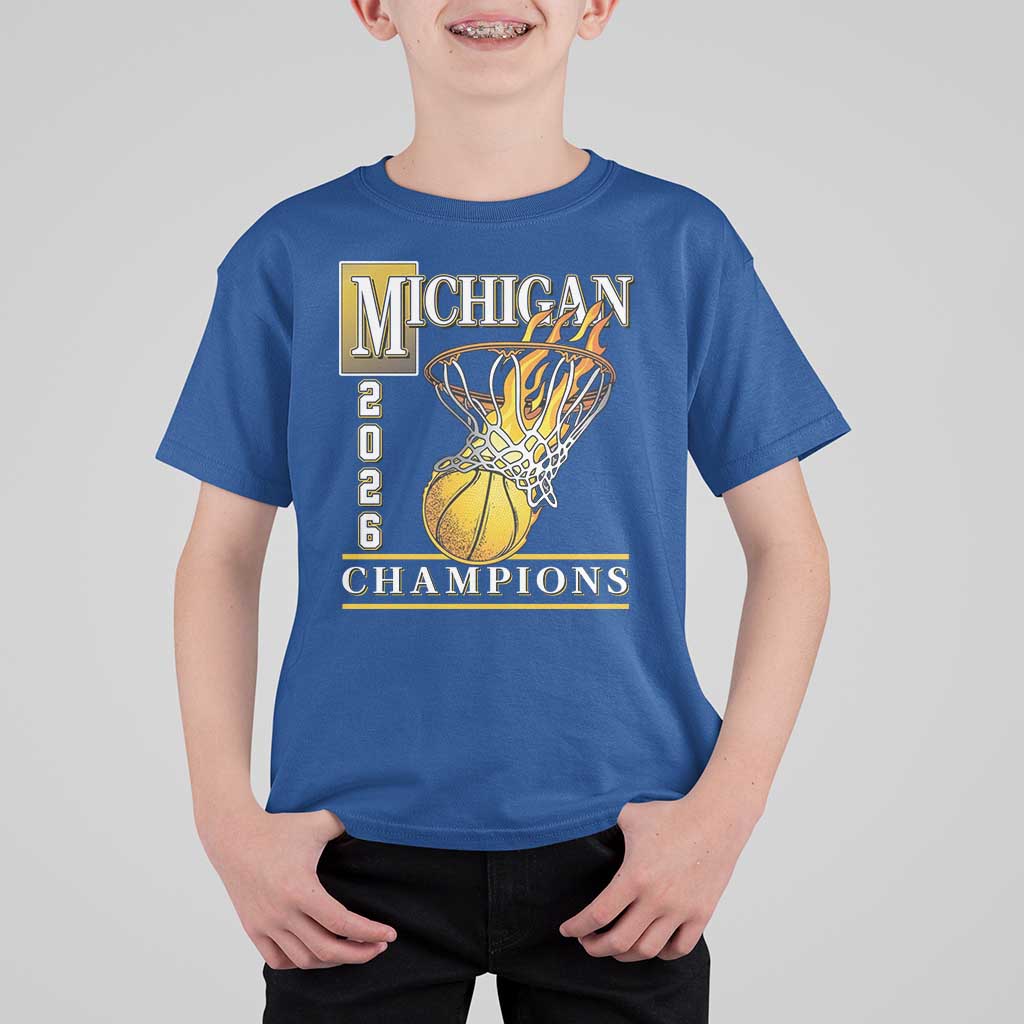 Michigan 2026 Flaming Hoop Basketball Lover T Shirt For Kid Champions Victory Graphic Sports Fan