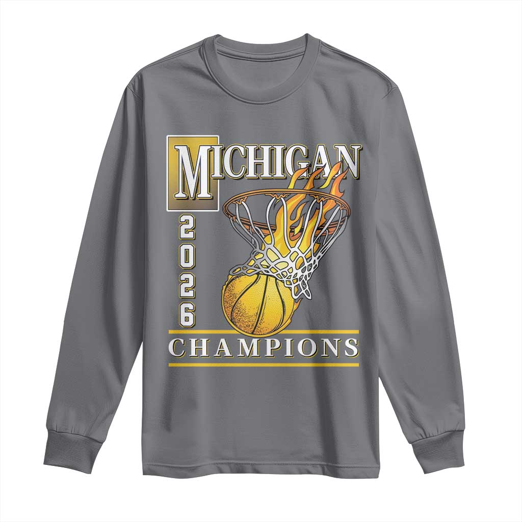 Michigan 2026 Flaming Hoop Basketball Lover Long Sleeve Shirt Champions Victory Graphic Sports Fan
