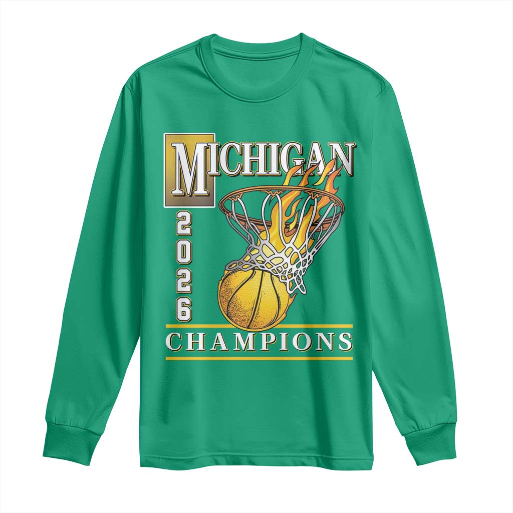 Michigan 2026 Flaming Hoop Basketball Lover Long Sleeve Shirt Champions Victory Graphic Sports Fan