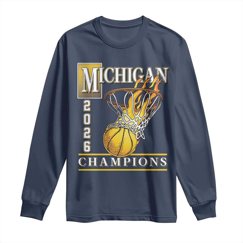 Michigan 2026 Flaming Hoop Basketball Lover Long Sleeve Shirt Champions Victory Graphic Sports Fan