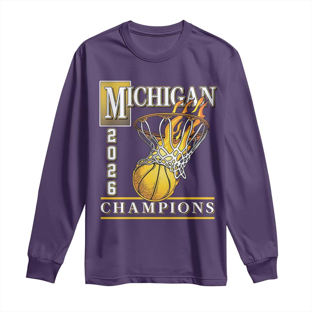 Michigan 2026 Flaming Hoop Basketball Lover Long Sleeve Shirt Champions Victory Graphic Sports Fan