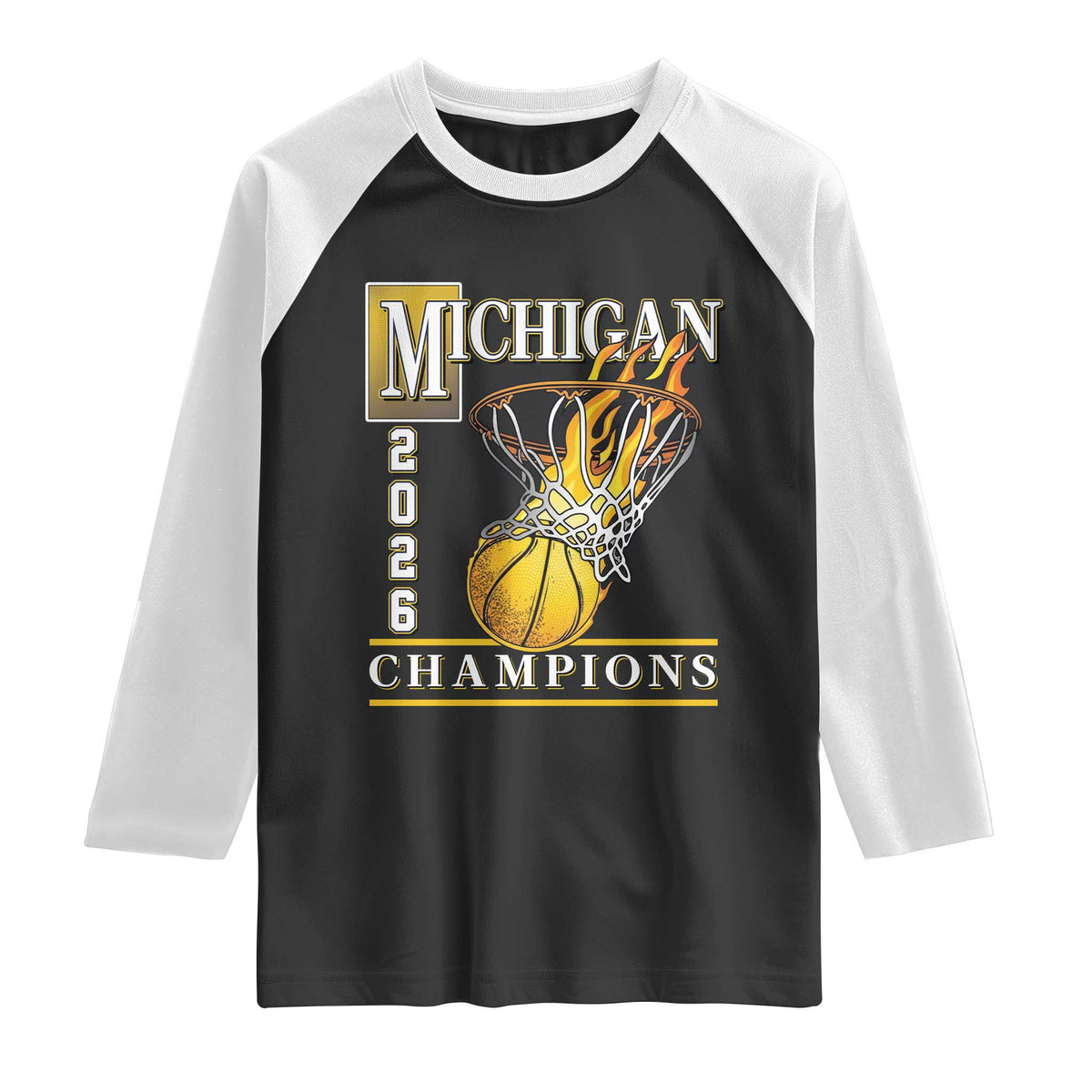 Michigan 2026 Flaming Hoop Basketball Lover Raglan Shirt Champions Victory Graphic Sports Fan