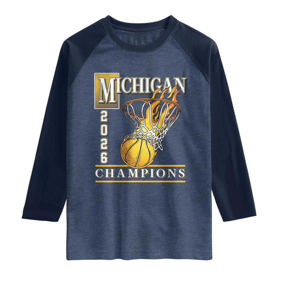 Michigan 2026 Flaming Hoop Basketball Lover Raglan Shirt Champions Victory Graphic Sports Fan