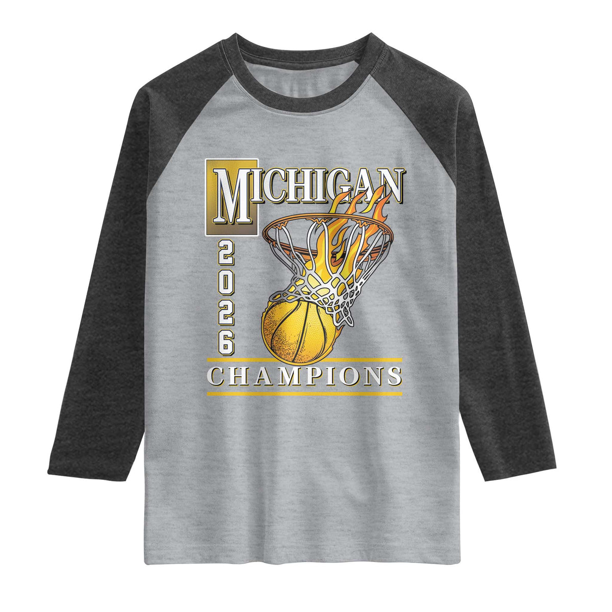 Michigan 2026 Flaming Hoop Basketball Lover Raglan Shirt Champions Victory Graphic Sports Fan