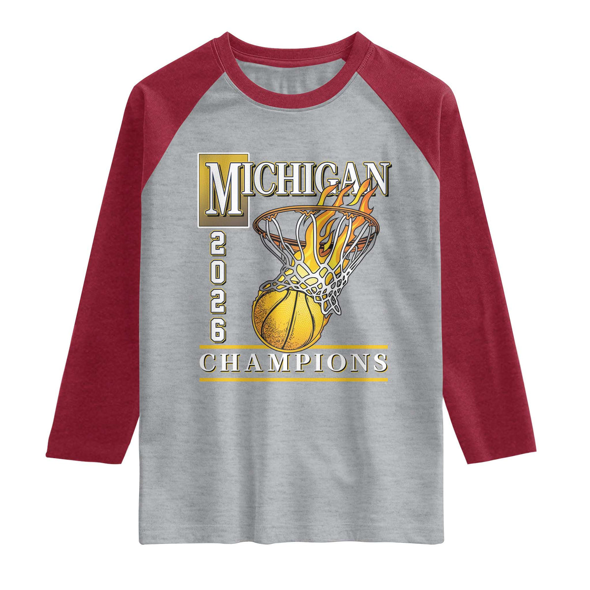 Michigan 2026 Flaming Hoop Basketball Lover Raglan Shirt Champions Victory Graphic Sports Fan